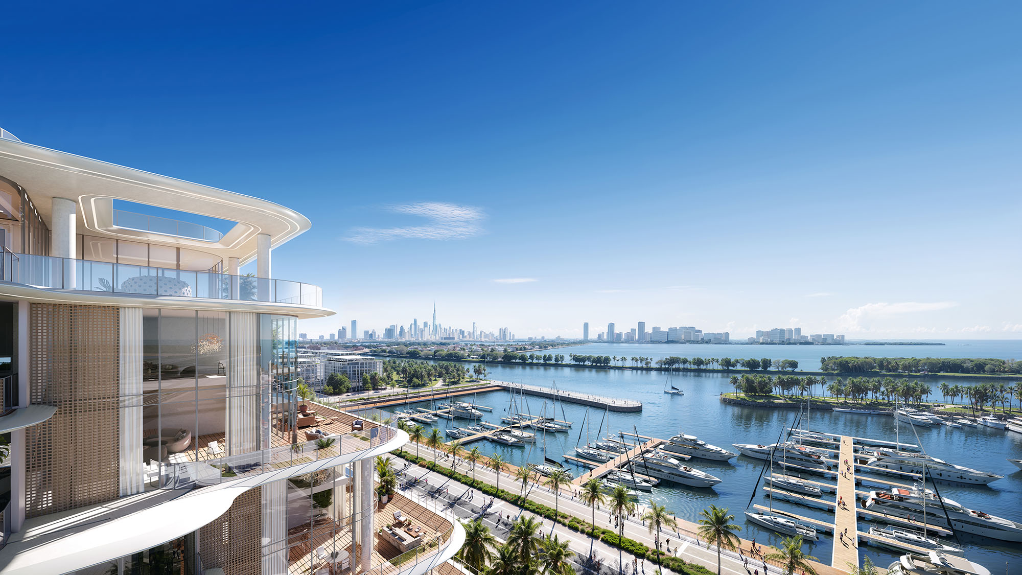 Cotier House By Imtiaz A luxury waterfront view featuring modern architecture, yachts, palm trees, and a clear blue sky.